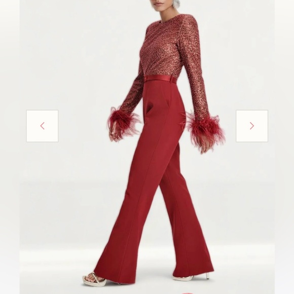 Lavish Alice - Burgundy Beaded Sequin feather trim long sleeve holiday Jumpsuit - Picture 6 of 8